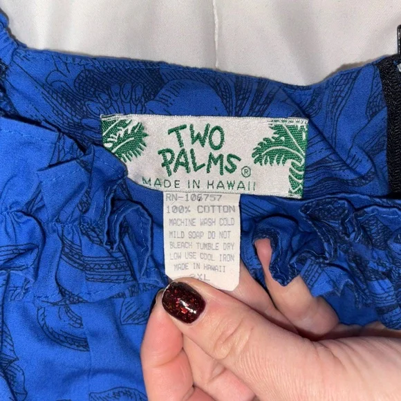 Two Palms Pacific Navy Hawaiian Long Muumuu 2X XL Vintage Cotton Aloha - Picture 3 of 7